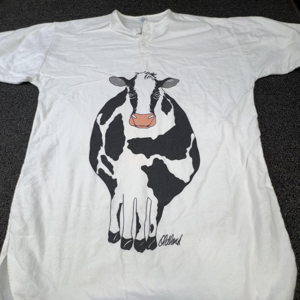 Vtg Hatley Shirt Womens M White Henley Cow Graphic Cotton Short Sleeve Basic